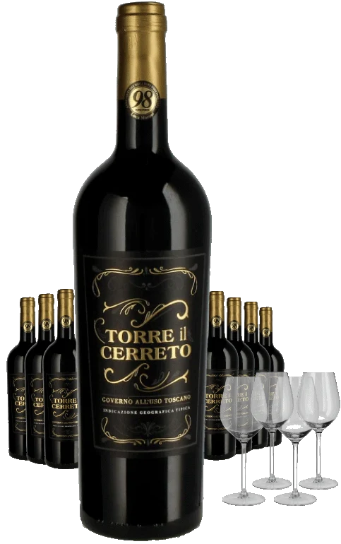 Paket 8 Flaschen Torre il Cerreto Governo + 4 Gläser