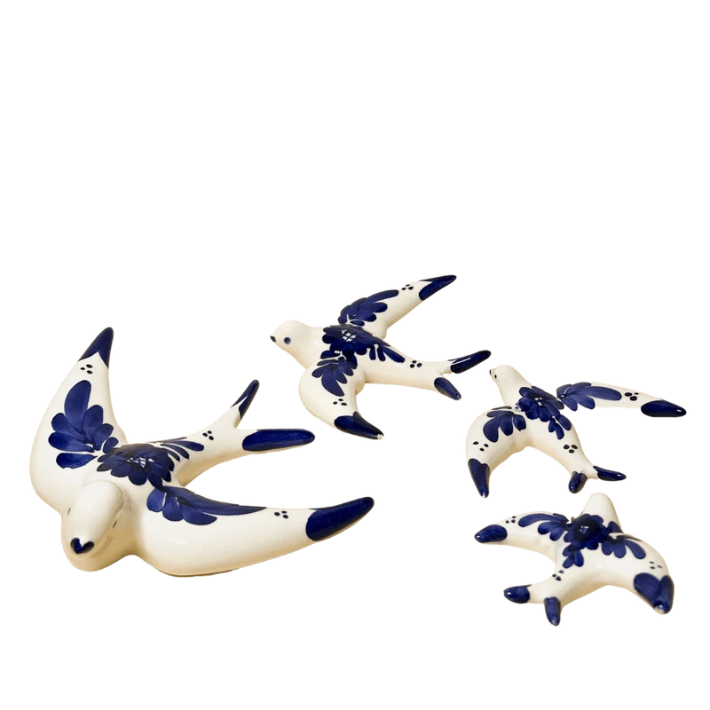 Handgemachte Keramik - 4er Set - Schwalben(Blumen-Weiß&Blau)