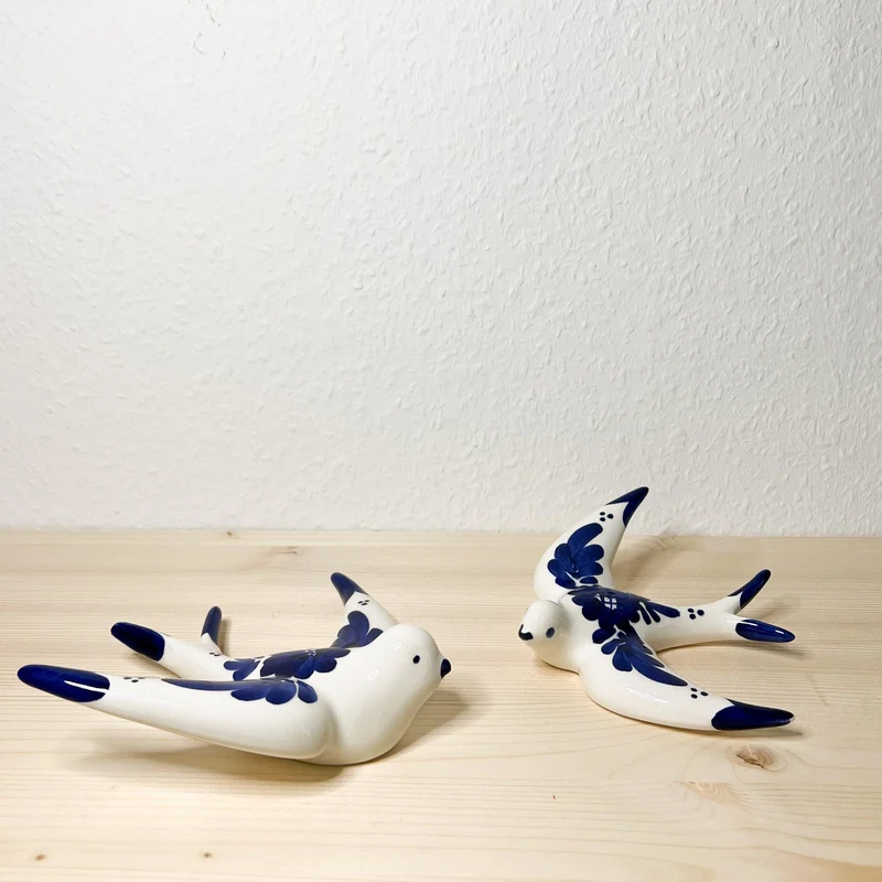 Handgemachte Keramik - 4er Set - Schwalben(Blumen-Weiß&Blau)