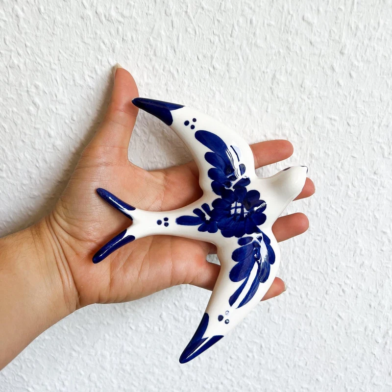 Handgemachte Keramik - 4er Set - Schwalben(Blumen-Weiß&Blau)