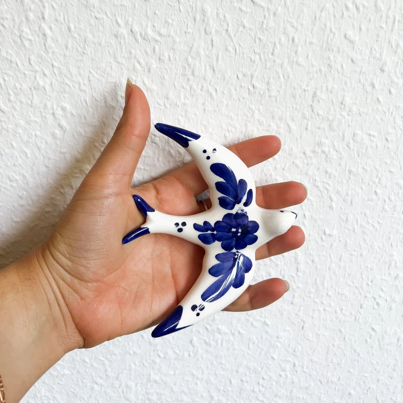 Handgemachte Keramik - 4er Set - Schwalben(Blumen-Weiß&Blau)