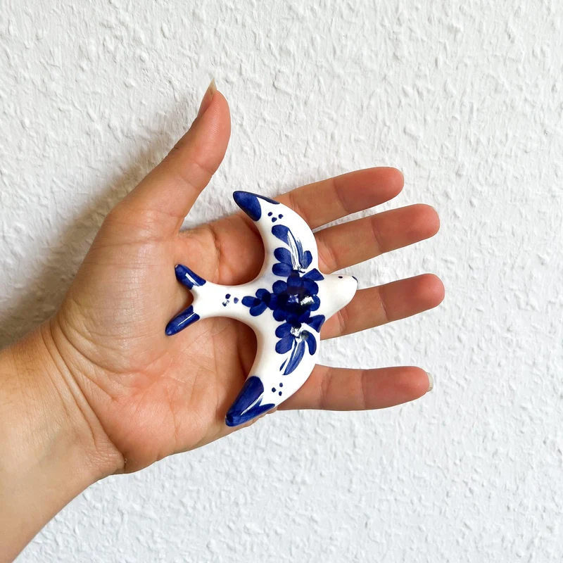 Handgemachte Keramik - 4er Set - Schwalben(Blumen-Weiß&Blau)