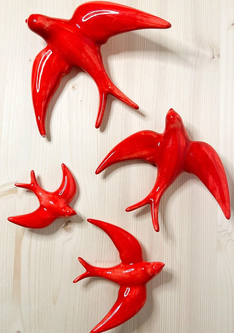 4er Set handgemachte Keramik Schwalben "Golondrinas" Rot