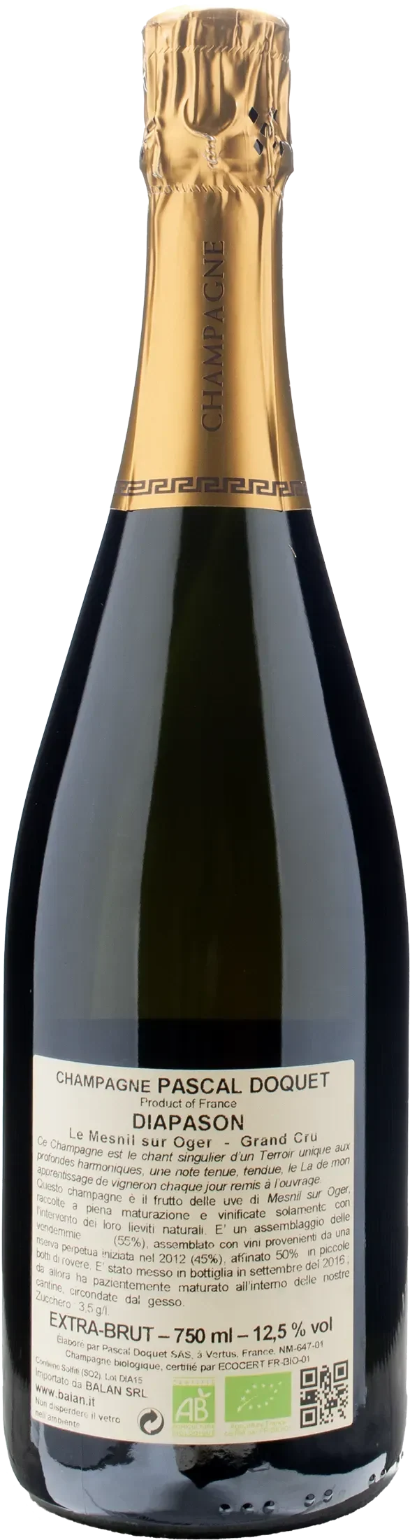 Pascal Doquet Champagne Grand Cru Le Mesnil Sur Oger Diapason Extra Brut