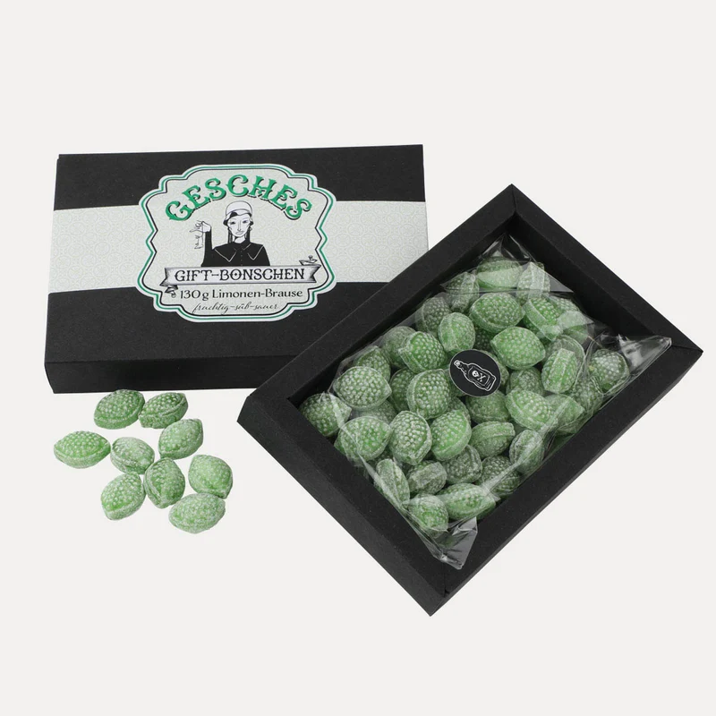 Gesches Giftbonschen – Limonen-Bonbons in schwarzer Schachtel – 130 g