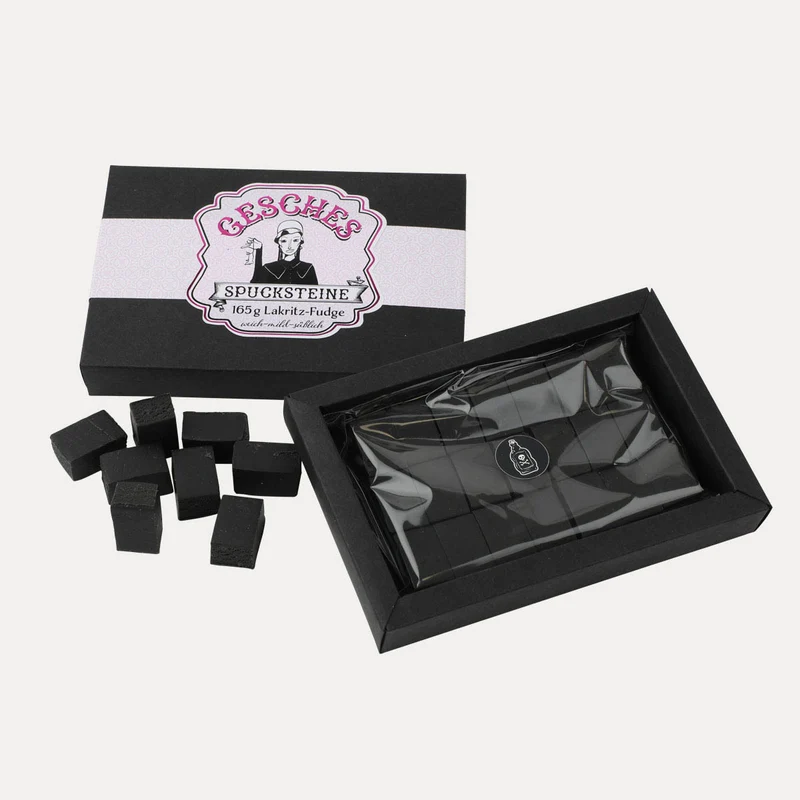 Gesches Spucksteine – Lakritz-Fudge in schwarzer Schachtel – 160 g