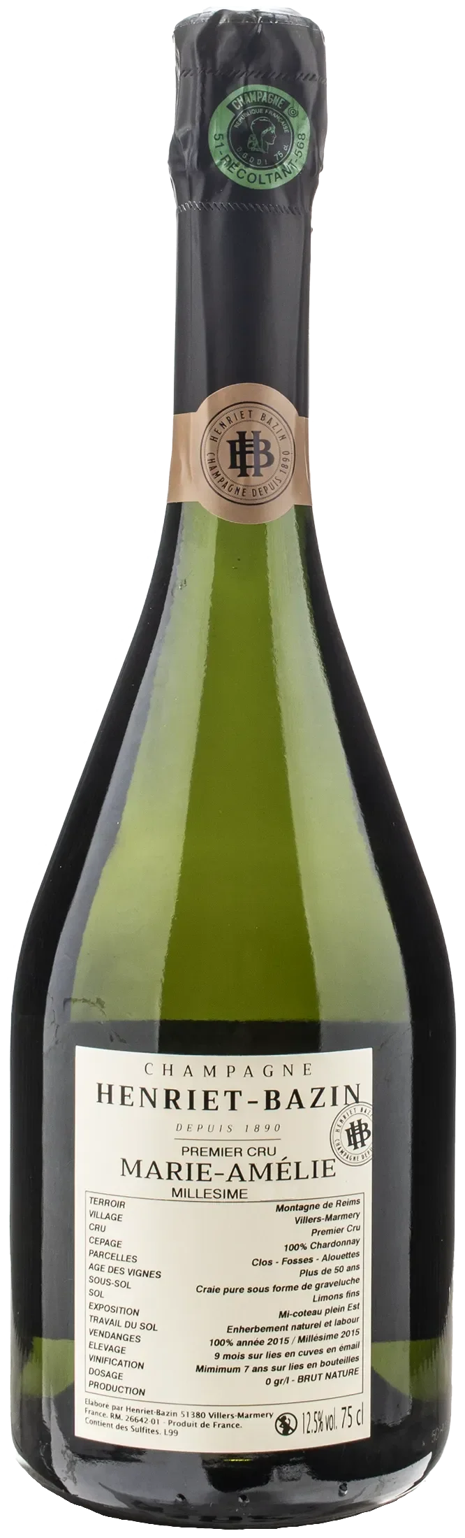 Henriet Bazin Champagne 1er Cru Blanc de Blancs Marie Amelie Brut Nature 2015