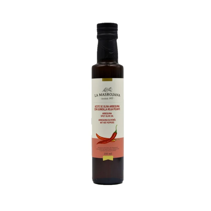 La Masrojana Arbequina-Olivenöl mit Chilischoten 0,25l***MHD 12.2025***