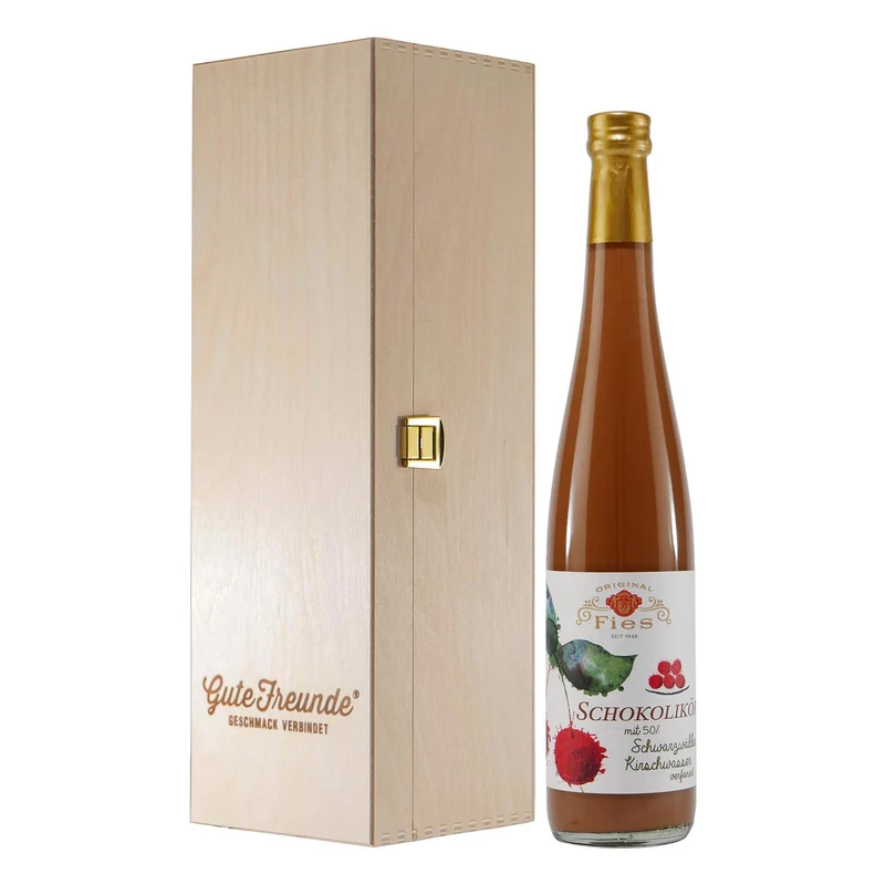 Fies Schokolikör mit Kirschwasser und Geschenk-Holzkiste