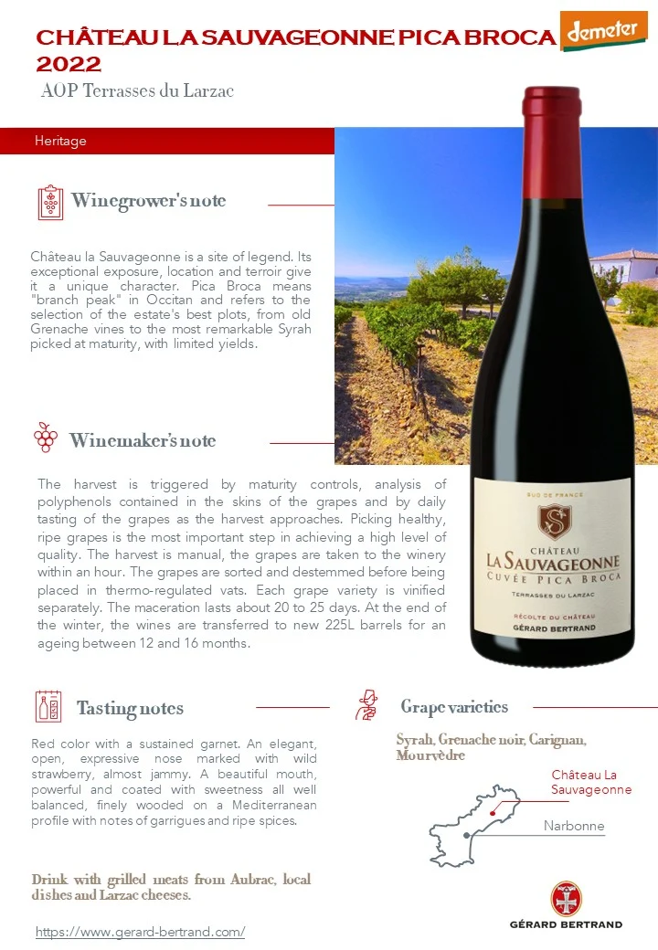 Château la Sauvageonne Pica Broca AOP Terrasses du Larzac 2022 – Lot 6 Bouteilles 75cl vin rouge
