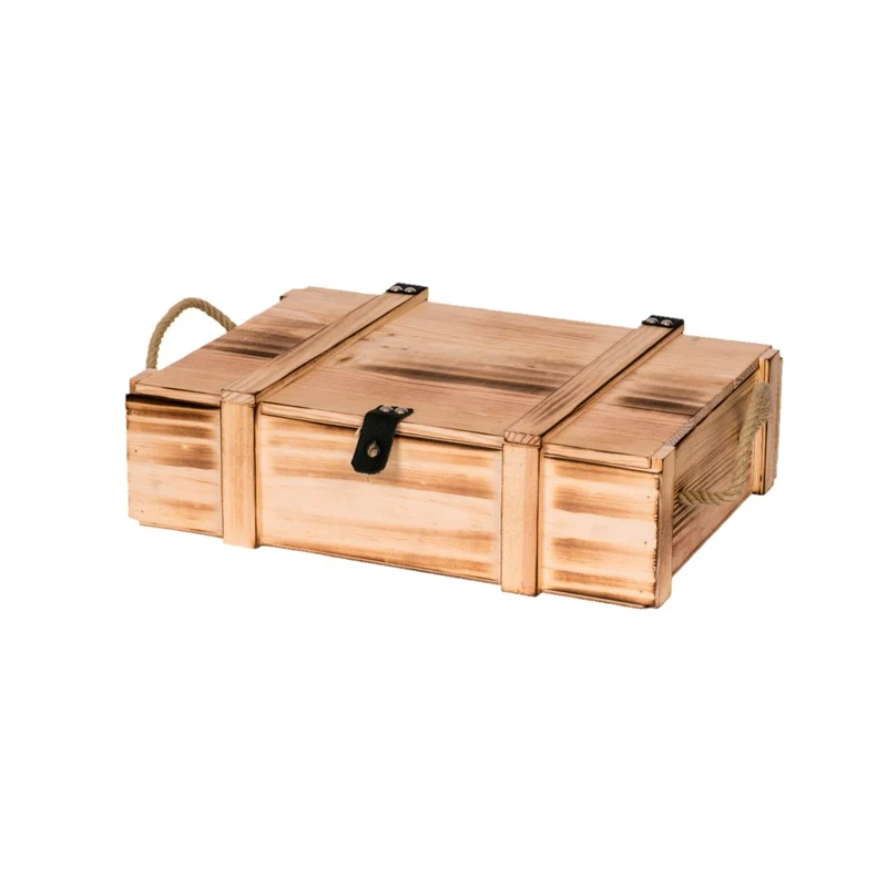 Holzkiste geflammt für drei Flaschen inkl. Holzwolle mit Hanfseilgrif