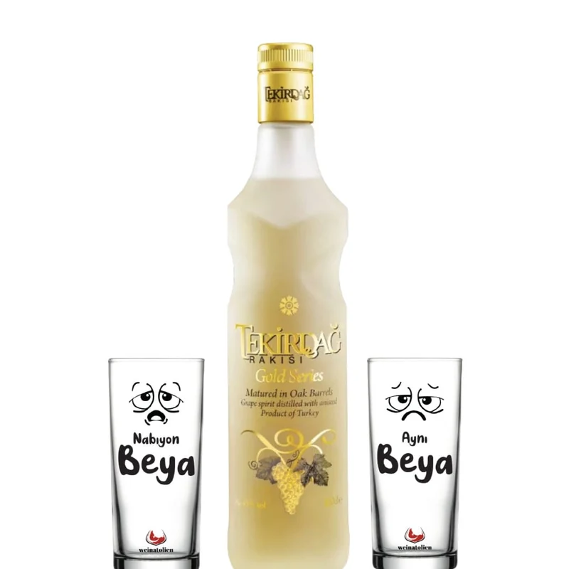 Tekirdağ Rakısı Gold 70 cl mit 2 Rakıgläsern