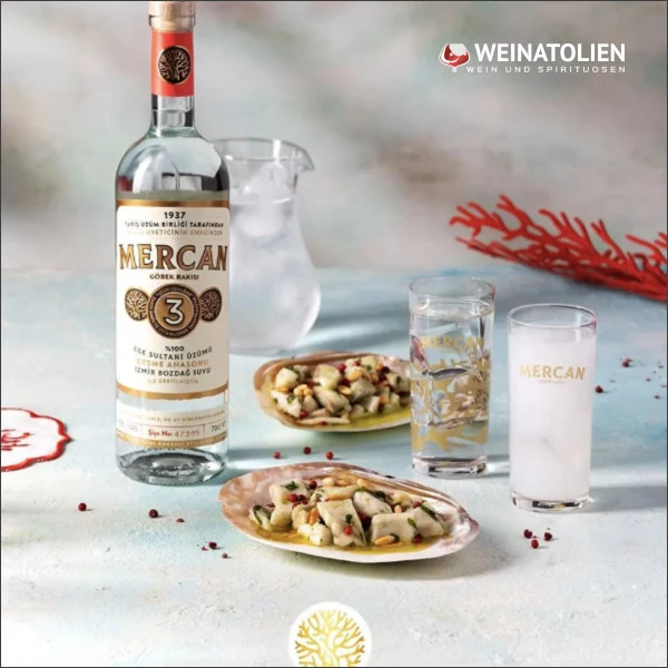 Mercan Göbek Rakı 70 cl mit 2 Gläsern