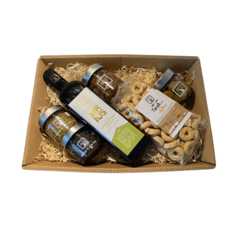 GESCHENKKORB ANTIPASTI OLIVE - Handgemachte Antipasti / Feinkost von AGRICOLA TAURINO (Salento Apulien Puglia)