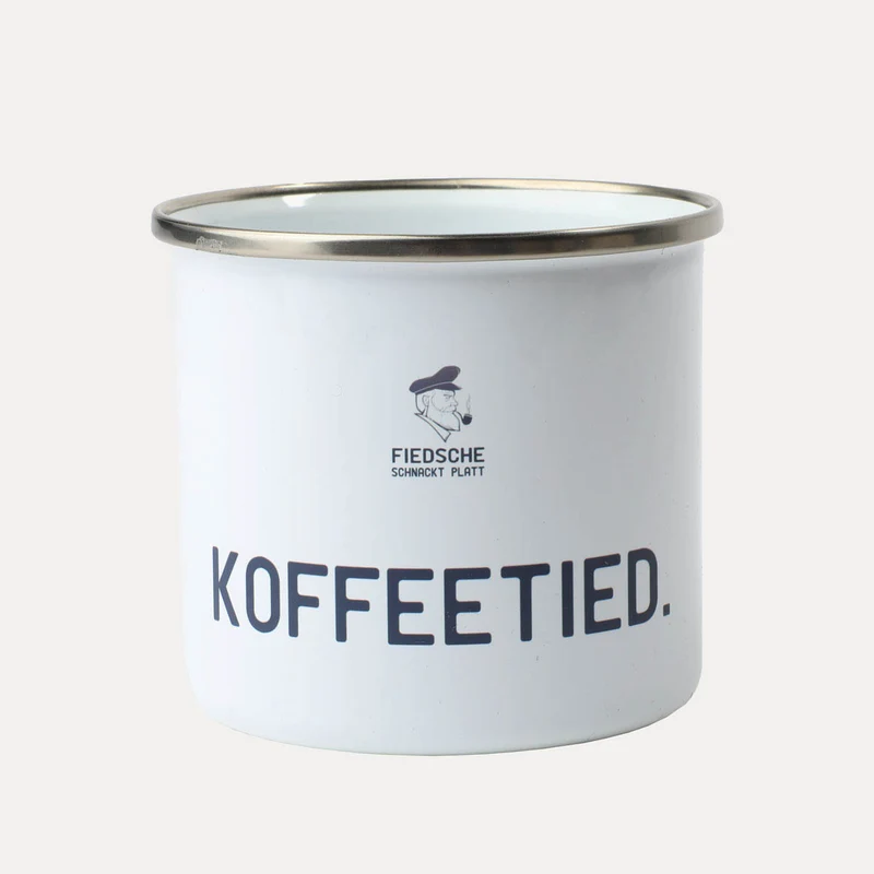 Blechtasse – verschiedene Sprüche, zwei Größen – Fiedsche schnackt Platt