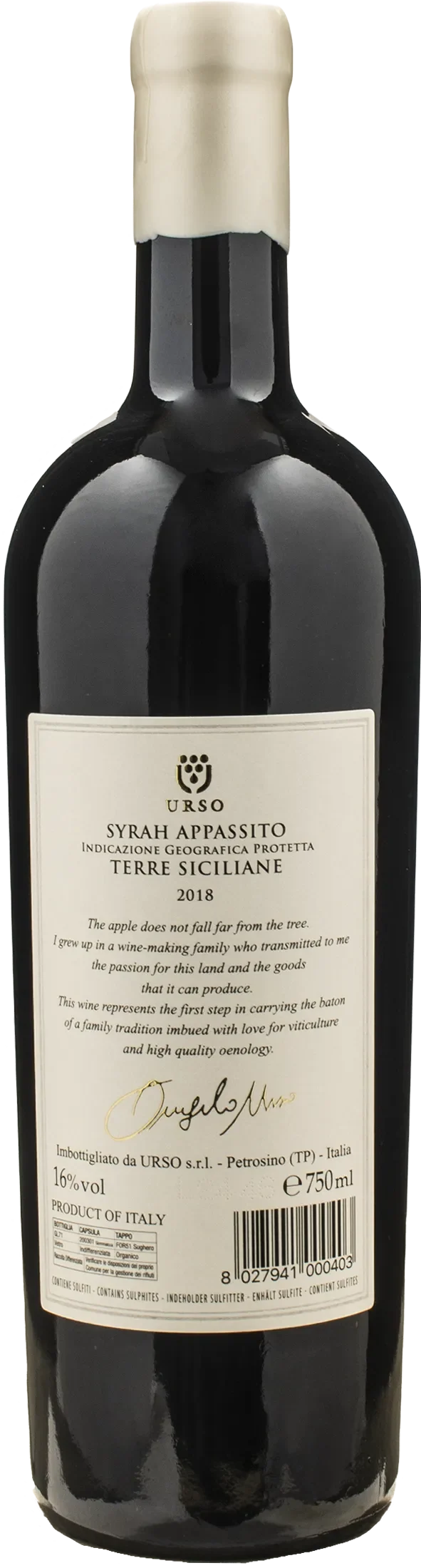 Urso Terre Siciliane Syrah Appassito Passyrah 2018