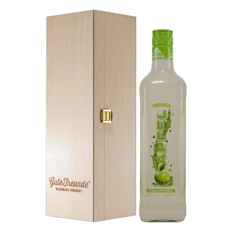 Bauernhaus Saurer Apfel Likör mit Geschenk-Holzkiste