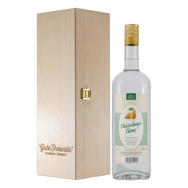 Alte Mühle Birnen - Schnaps mit Geschenk-Holzkiste