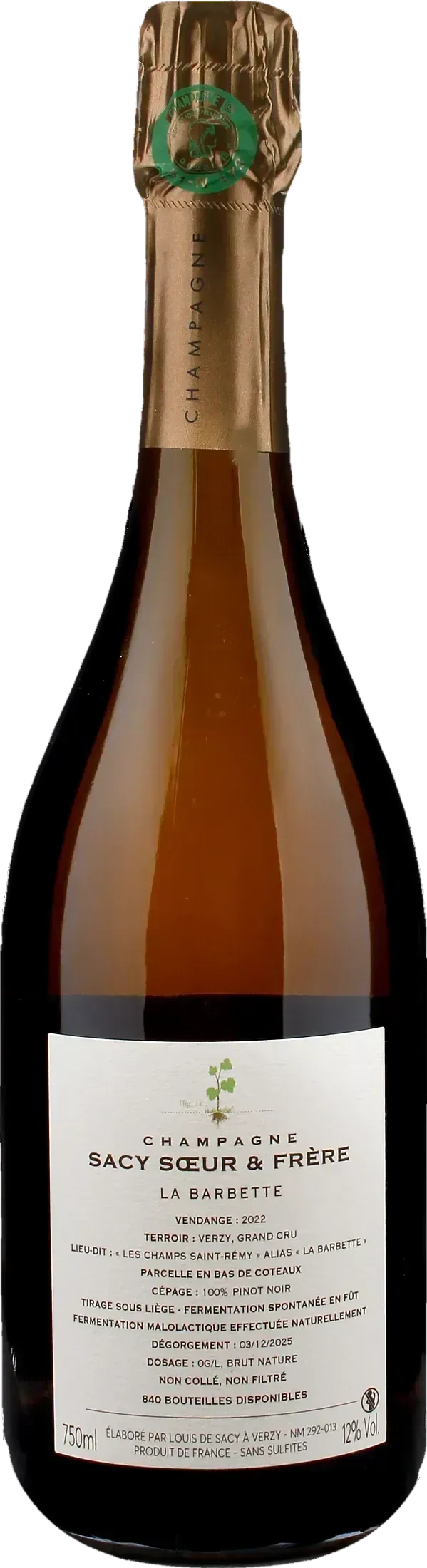 Sacy Soeur et Frere Champagne La Barbette Grand Cru Blanc de Noirs Brut Nature 2022