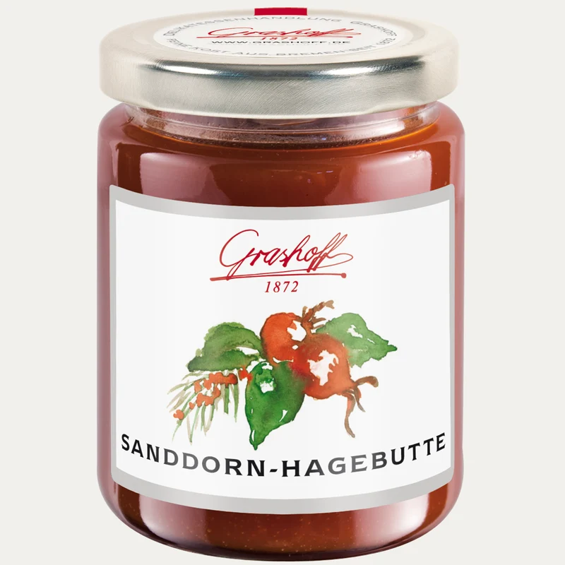 Sanddorn-Hagebutten Konfitüre Extra – Fruchtaufstrich Grashoff – 250 g