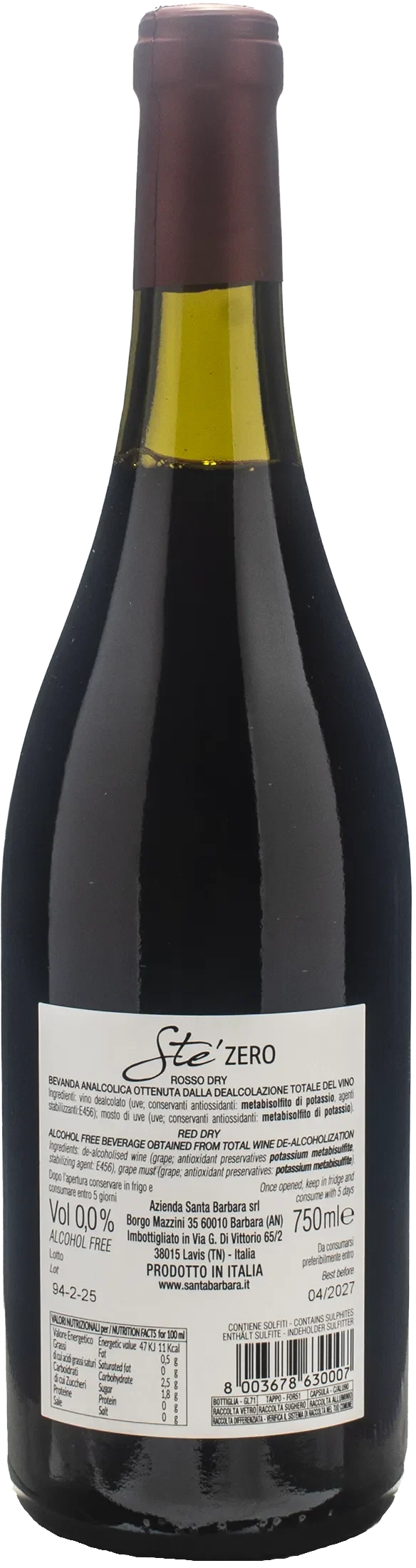 Santa Barbara Stefano Antonucci Ste Rosso Dry Zero Alcol